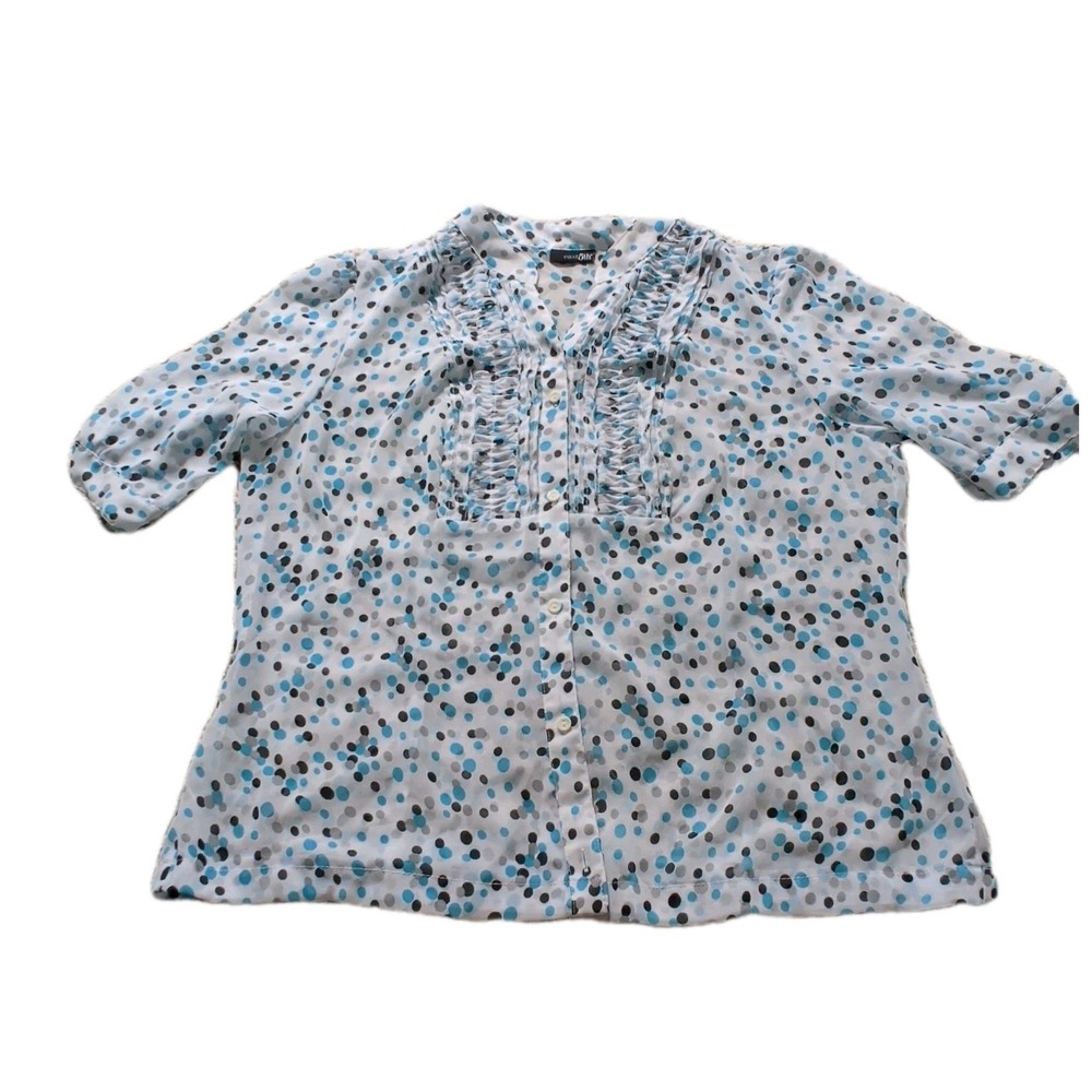 East 5th Women's White/Blue Polka Dot V-Neck Button Ruffle Blouse M Imperfect